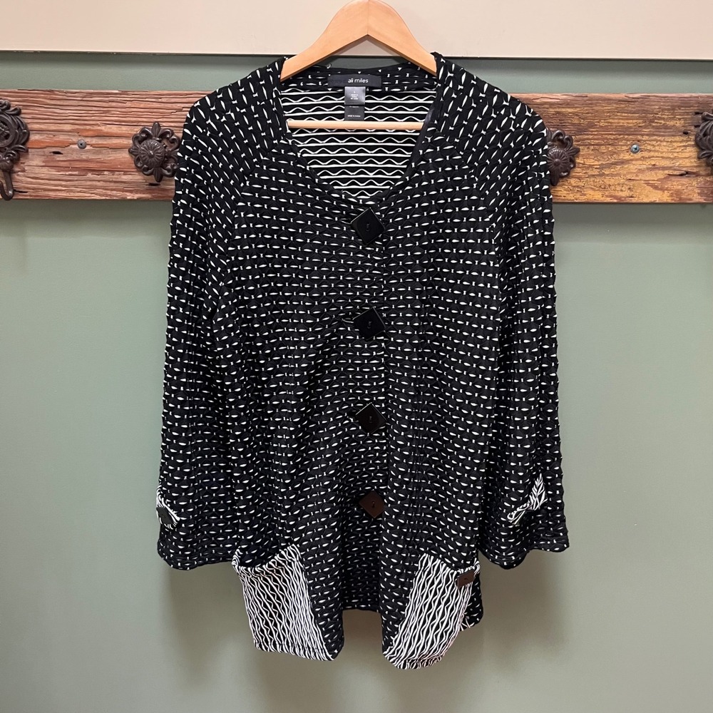 Ali Miles Womens Black White Textured Knit Button Front Cardigan Jacket Large